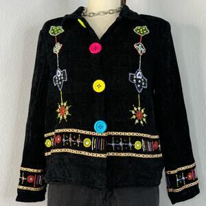 Vintage 90s  Black Cardigan Sweater Beaded Clowncore Size Medium
